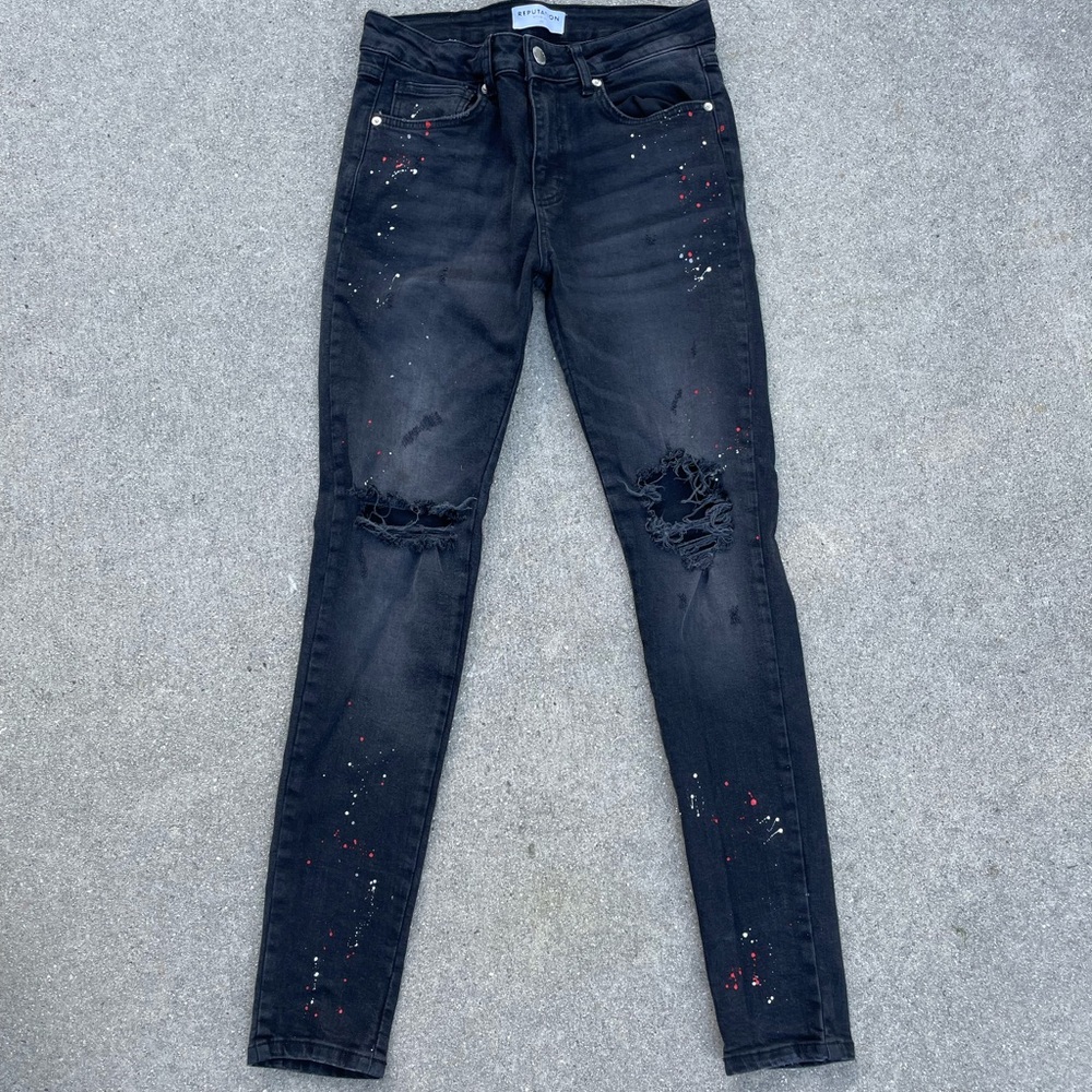 REPUTATION STUDIOS MENS BLACK PAINT SPLATTER DENIM